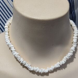 Vintage White Beaded Shell Necklace 16" Boho Bohemian Casual Coastal Beach